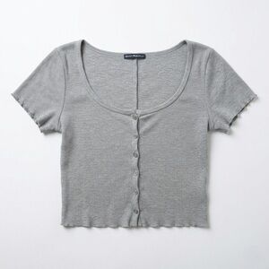Brandy Melville Gray Ribbed Short Sleeve Button Down Crop Top